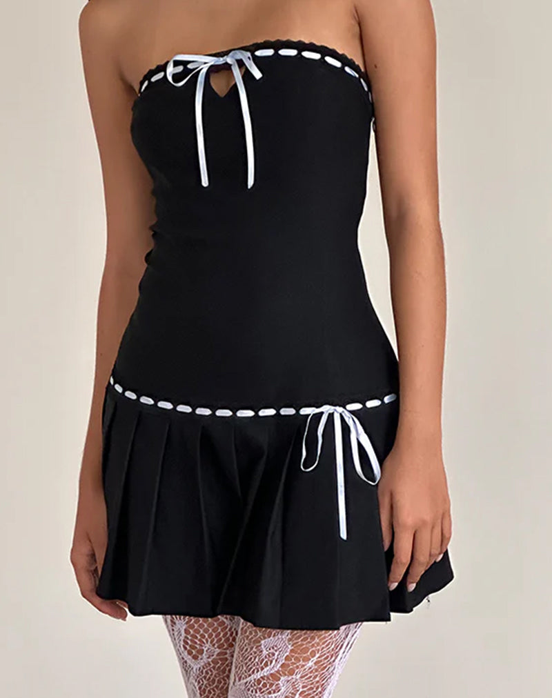 Mini abito Petula nero con nastro blu a contrasto