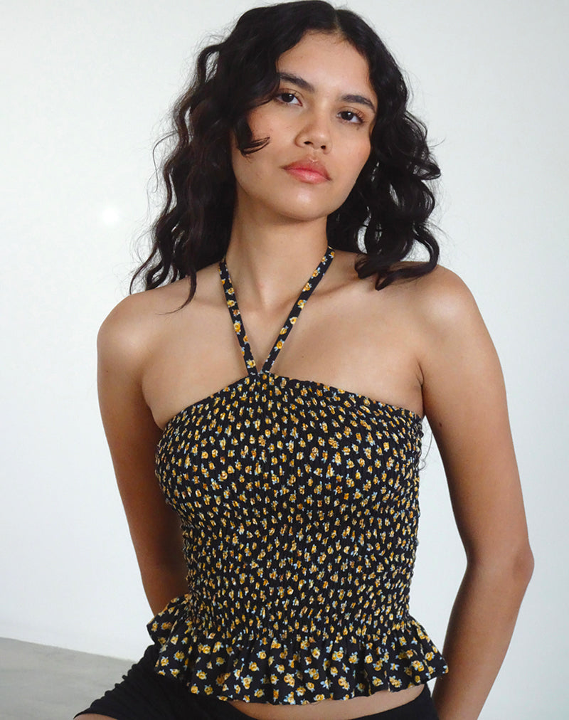 Phobe - Top con scollo a mezzaluna arricciato in bronzo floreale ditsy