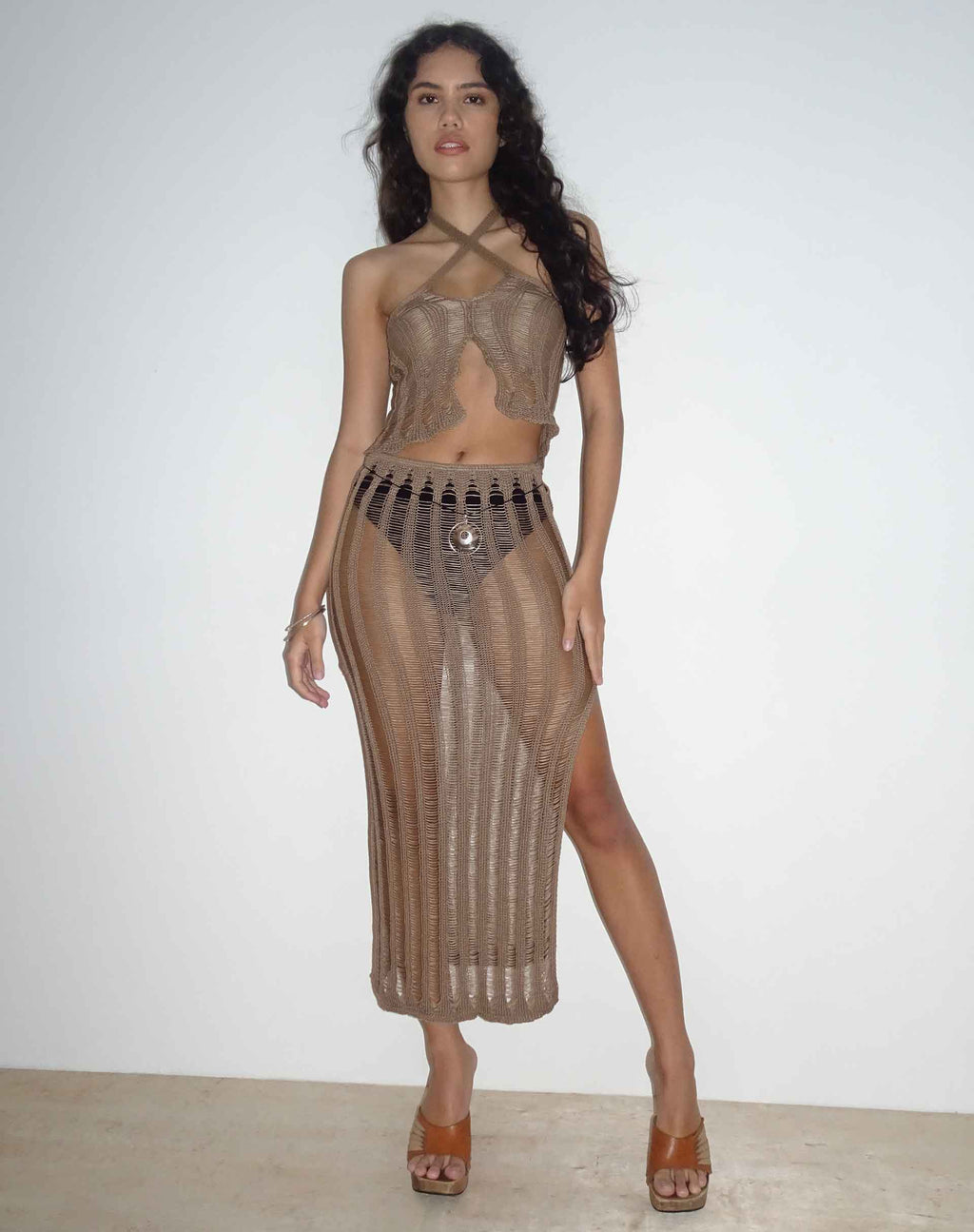 Gonna midi in maglia Willa in Desert Taupe