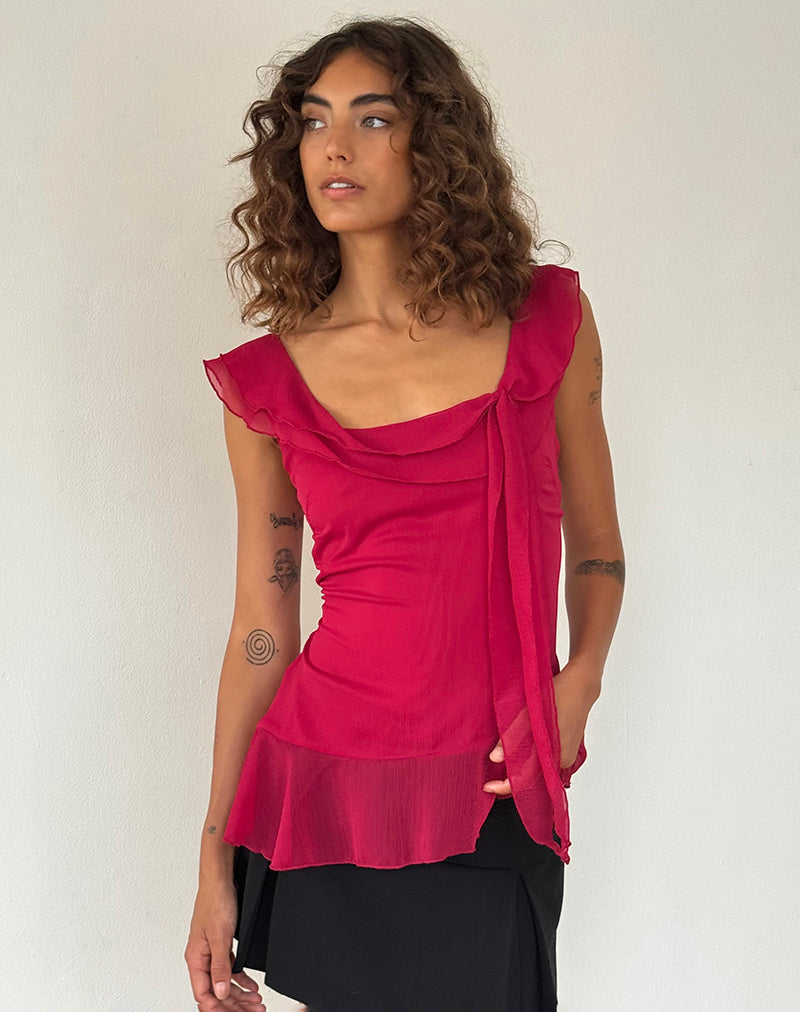 Immagine di Piro Ruffle Longline Top in Borgogna