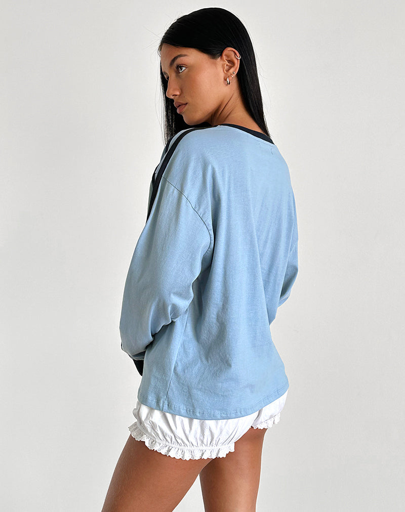immagine di Top Prata a maniche lunghe in blu Nantucket con bordatura blu navy
