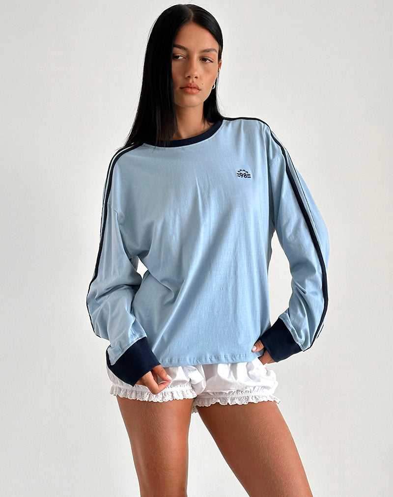 immagine di Top Prata a maniche lunghe in blu Nantucket con bordatura blu navy