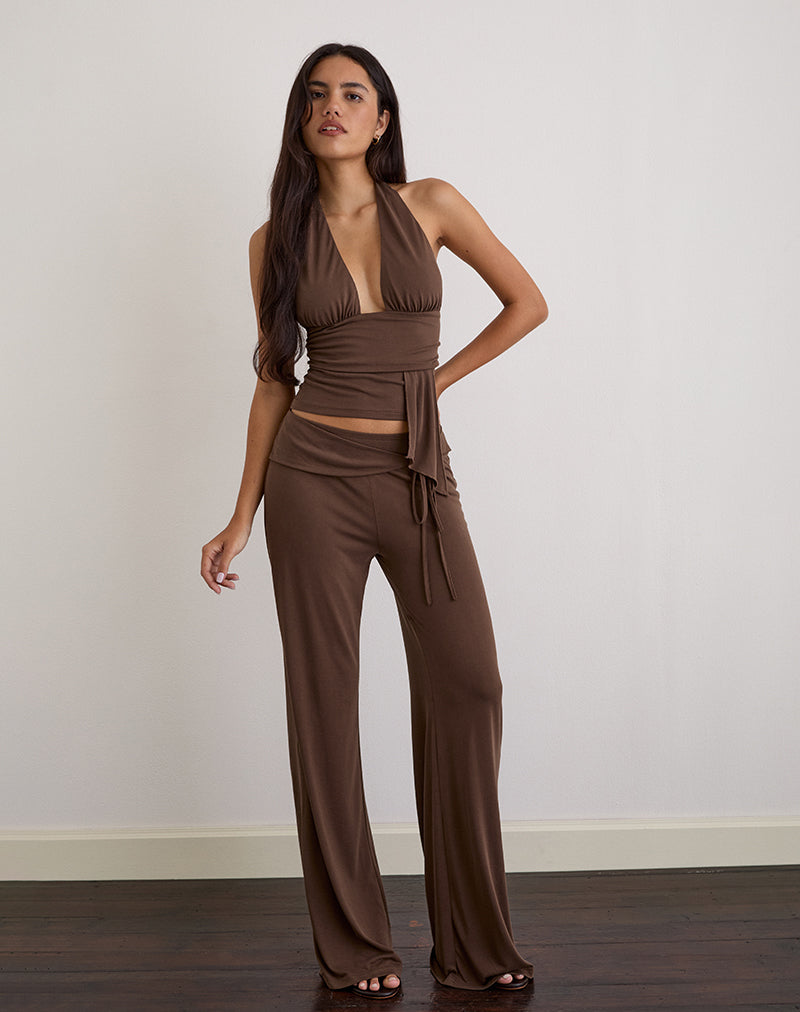 Top Prilla con collo alto in cupro marrone scuro