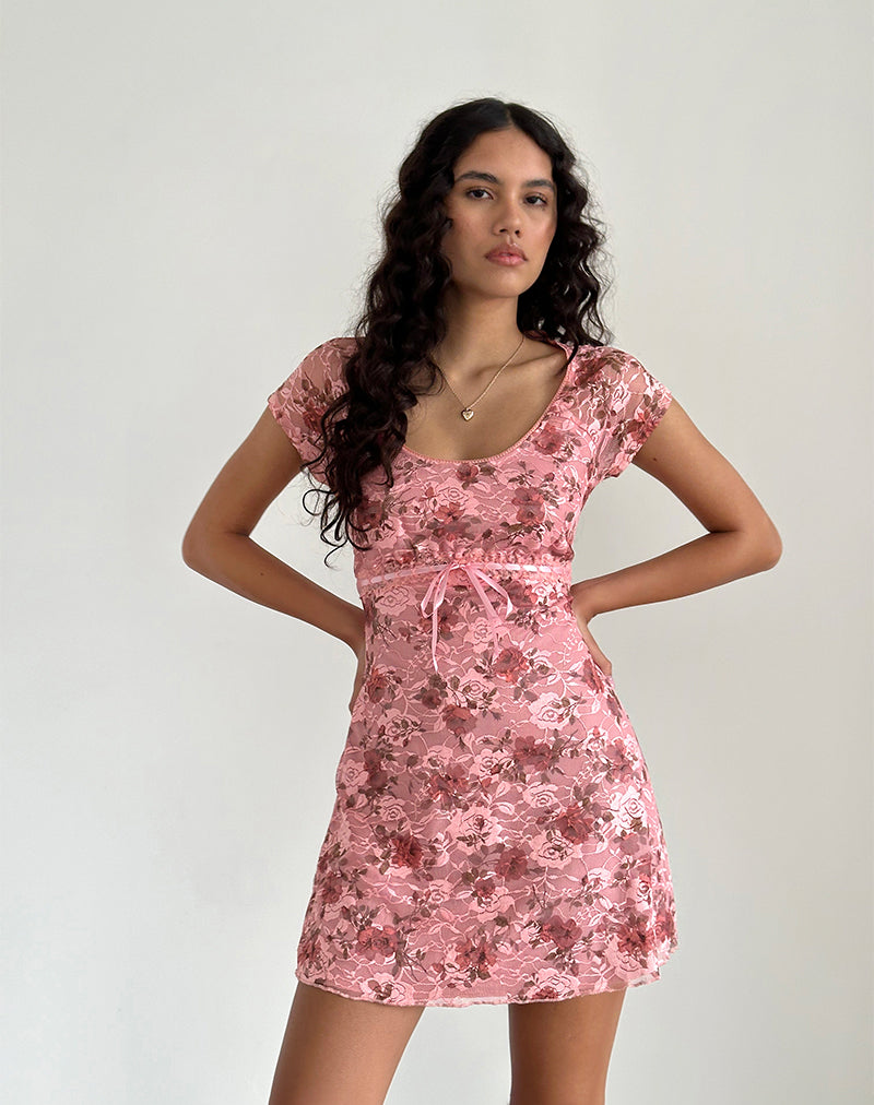 Abito Prinsa in pizzo rosa fiorito