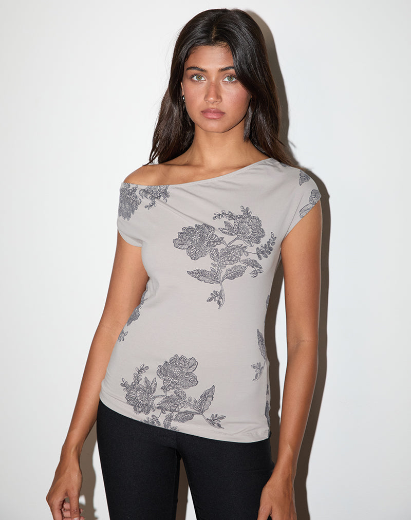 Pyso - Top asimmetrico in pizzo e fiori grigio