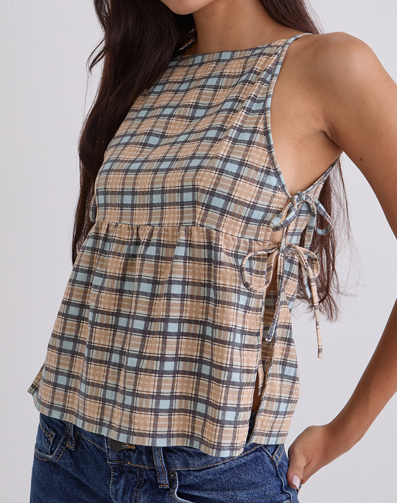 Top senza maniche Palsi in tartan blu pastello