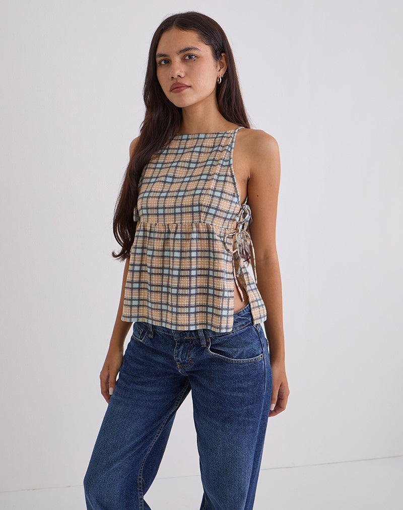 Top senza maniche Palsi in tartan blu pastello