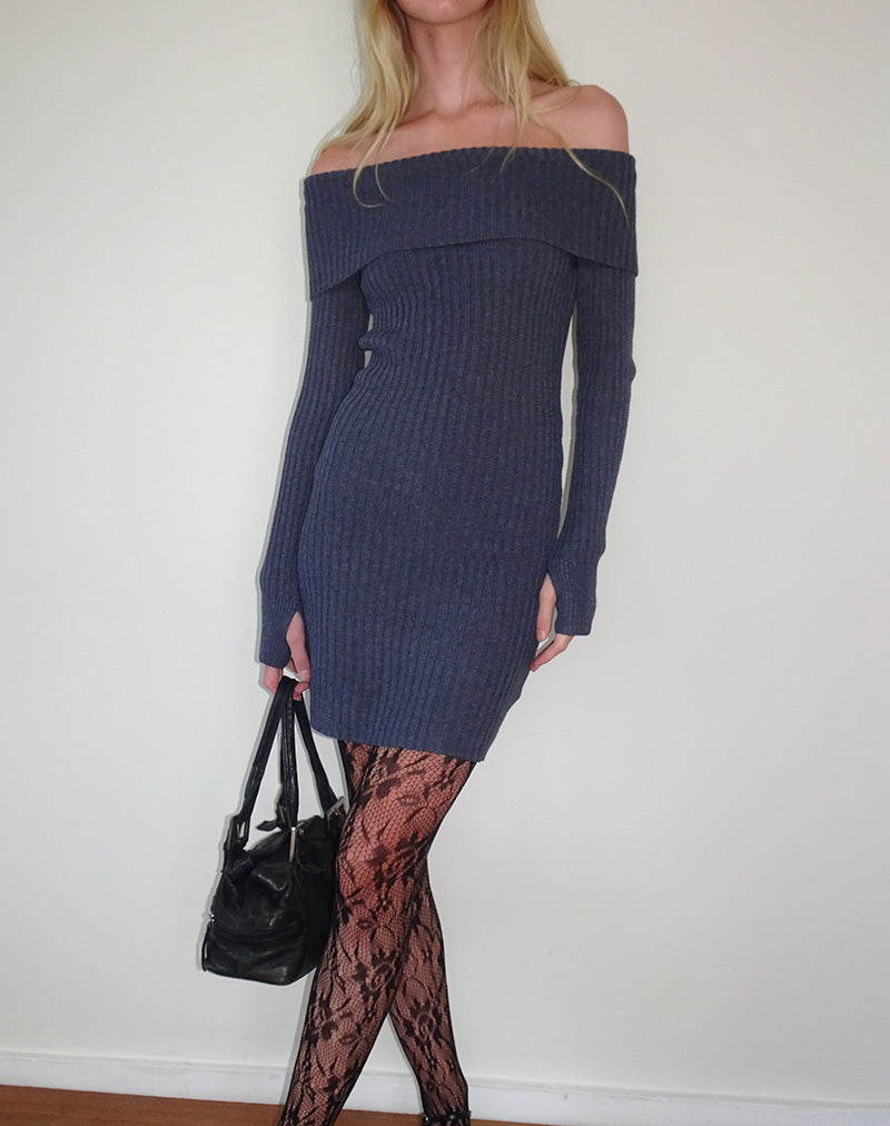 Immagine di Queeva Mini abito Bardot in maglia color carbone scuro