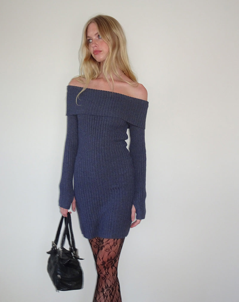 Queeva - Mini abito Bardot in maglia di colore carbone scuro