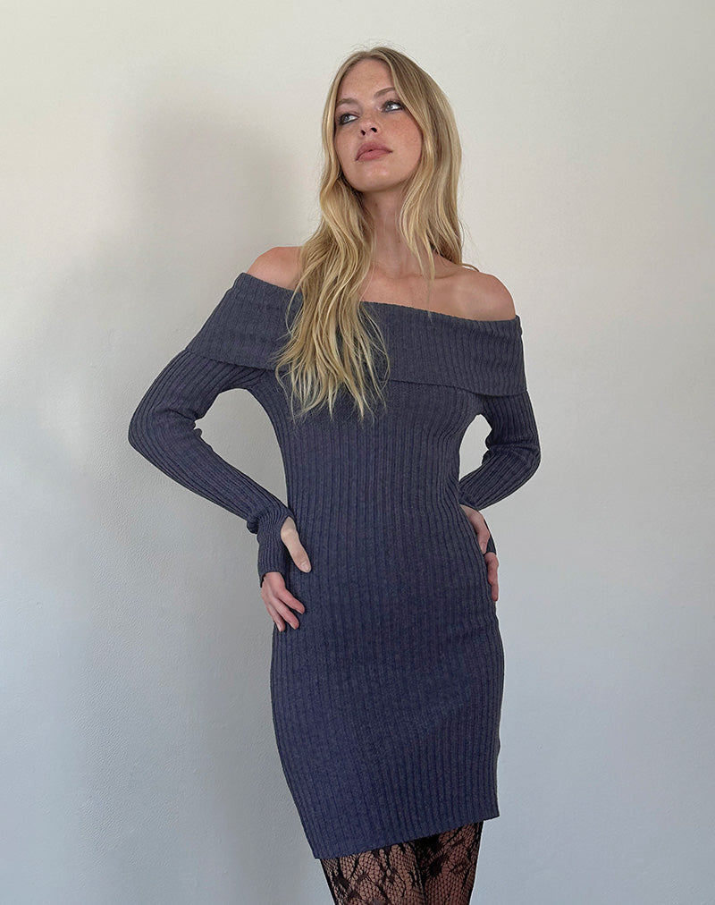 Immagine di Queeva Mini abito Bardot in maglia color carbone scuro