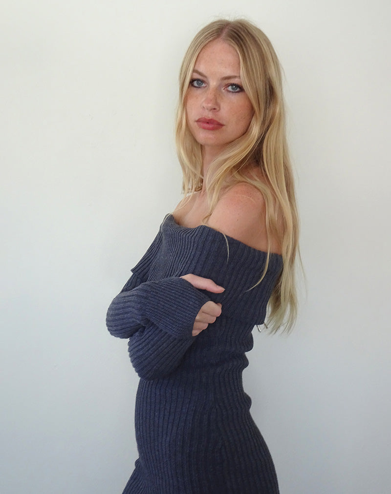 Queeva - Mini abito Bardot in maglia di colore carbone scuro