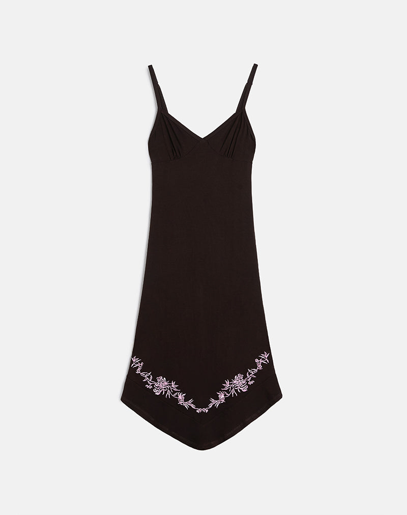 Quelin Midi Dress in marrone cioccolato con ricamo di rose