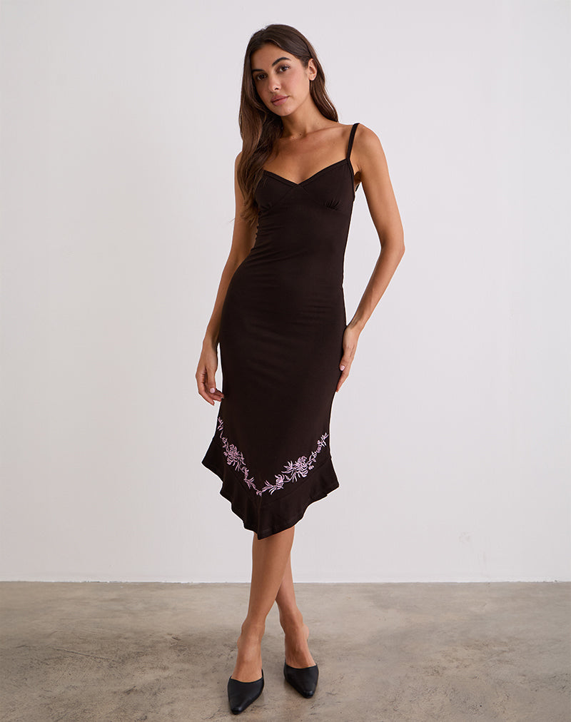 Quelin Midi Dress in marrone cioccolato con ricamo di rose