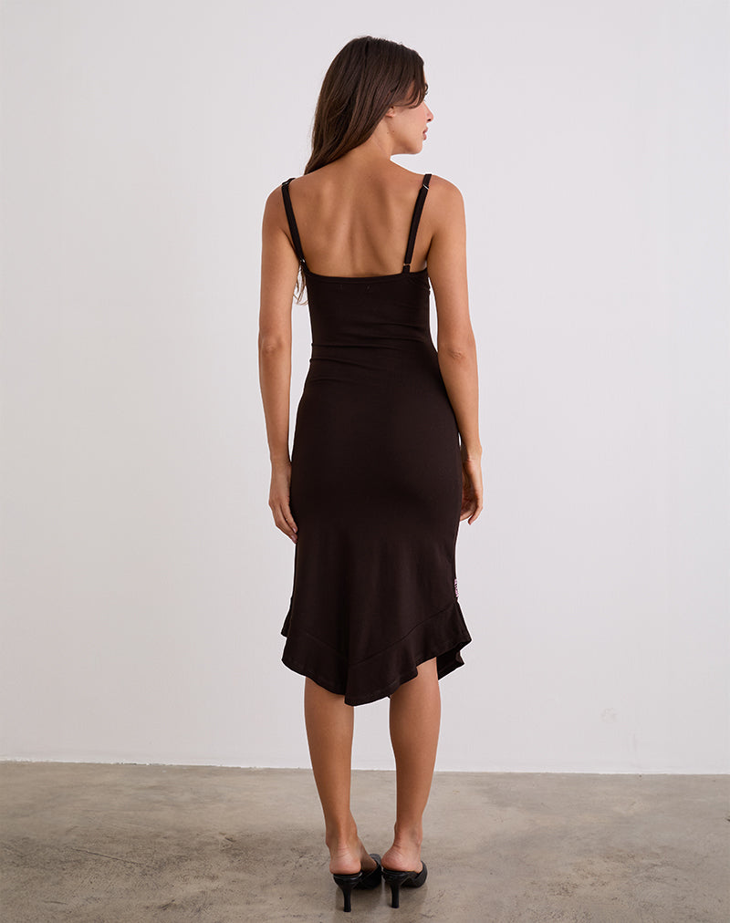 Immagine di Quelin Midi Dress in marrone cioccolato con ricamo di rose