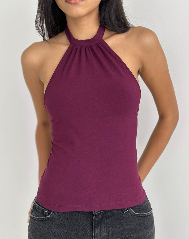 Raceline Halterneck Top in Rayon Jersey Deep Purple