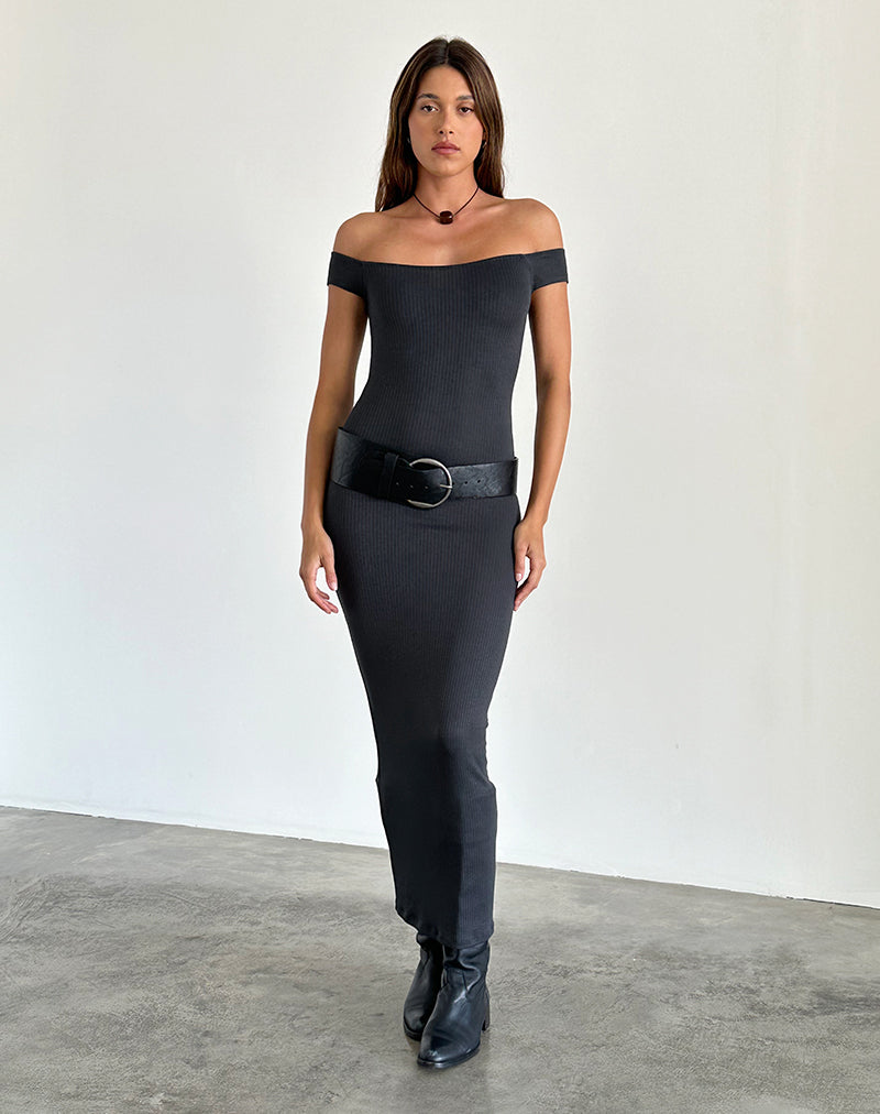 Immagine di Racha Thick Rib Bardot Maxi Dress in Black Forest