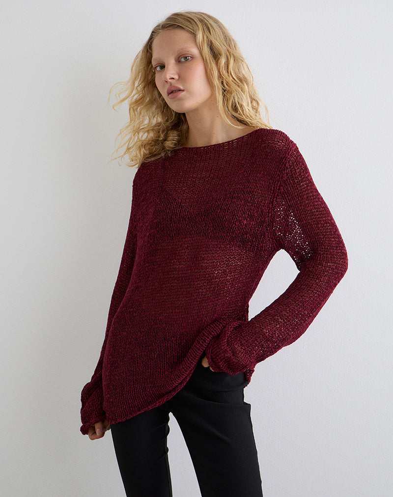 Immagine del maglione a trama aperta Rajiya in borgogna