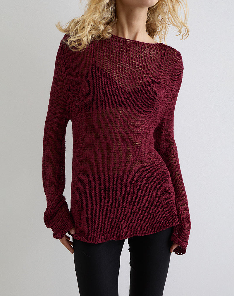 Immagine del maglione a trama aperta Rajiya in borgogna