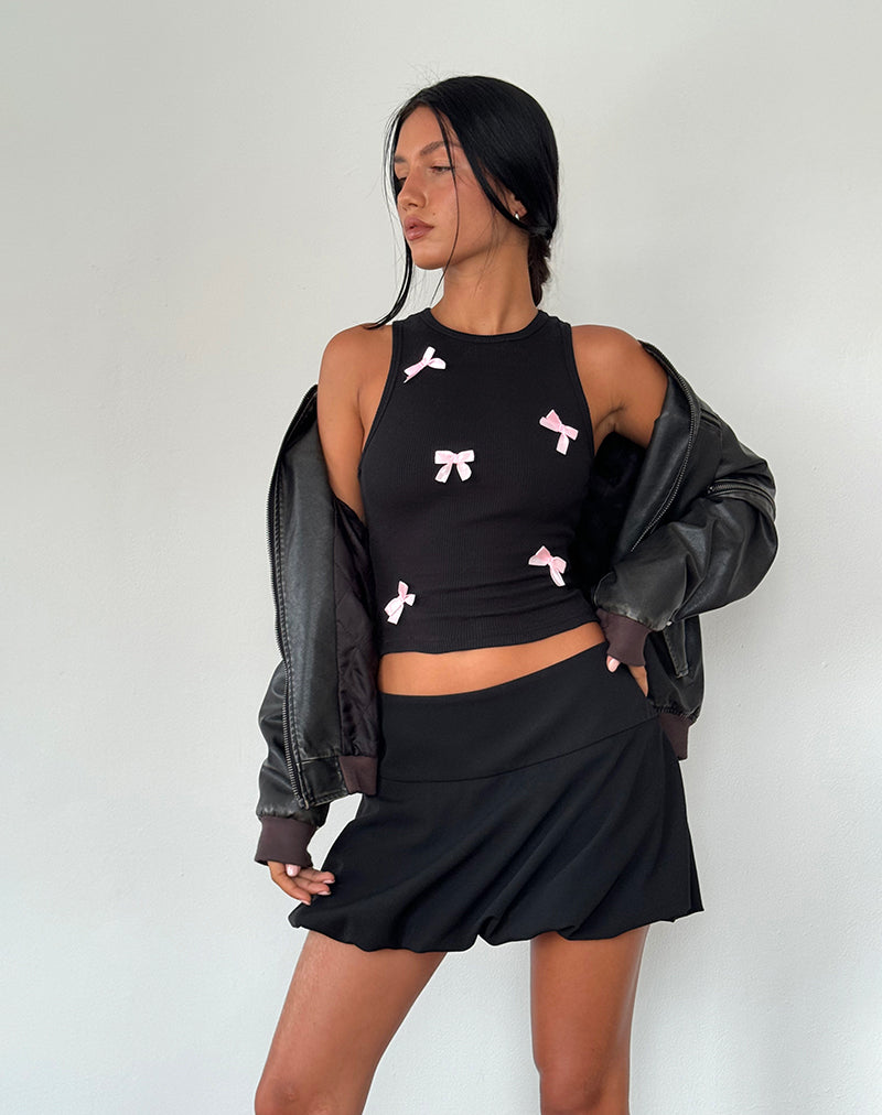 Canottiera Rave nera con fiocchi rosa