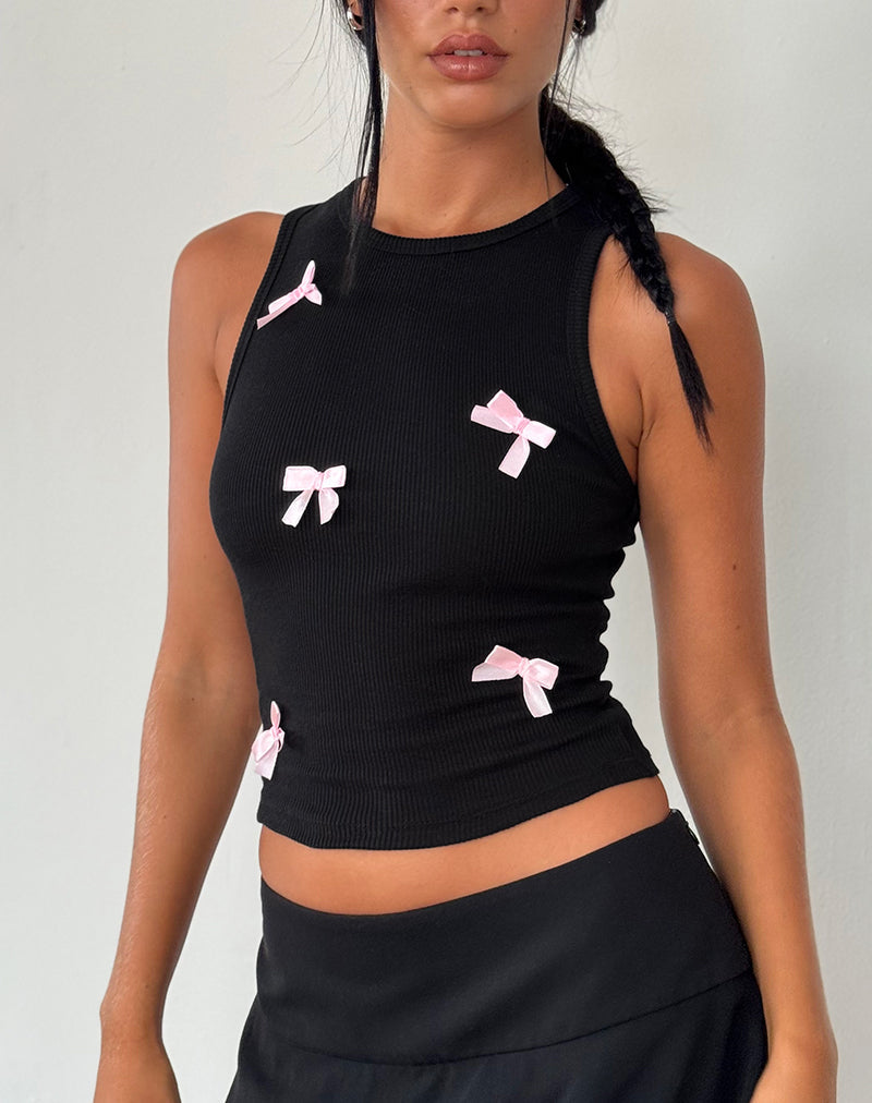 Canottiera Rave nera con fiocchi rosa