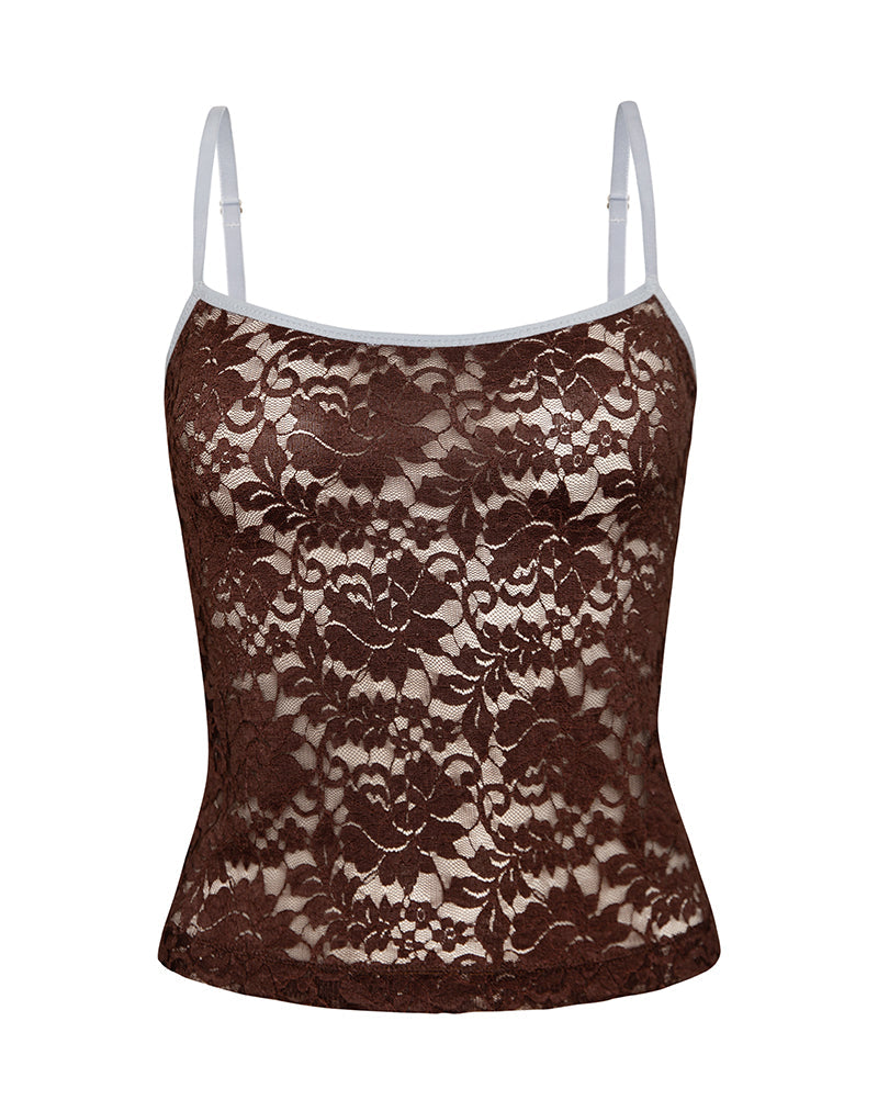 Immagine di Redum Cami Top in pizzo color cioccolato con bordatura blu