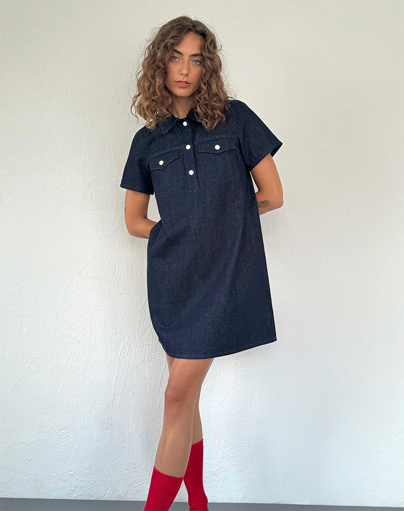 Immagine di Reiga Smock Mini Dress in Denim Indigo