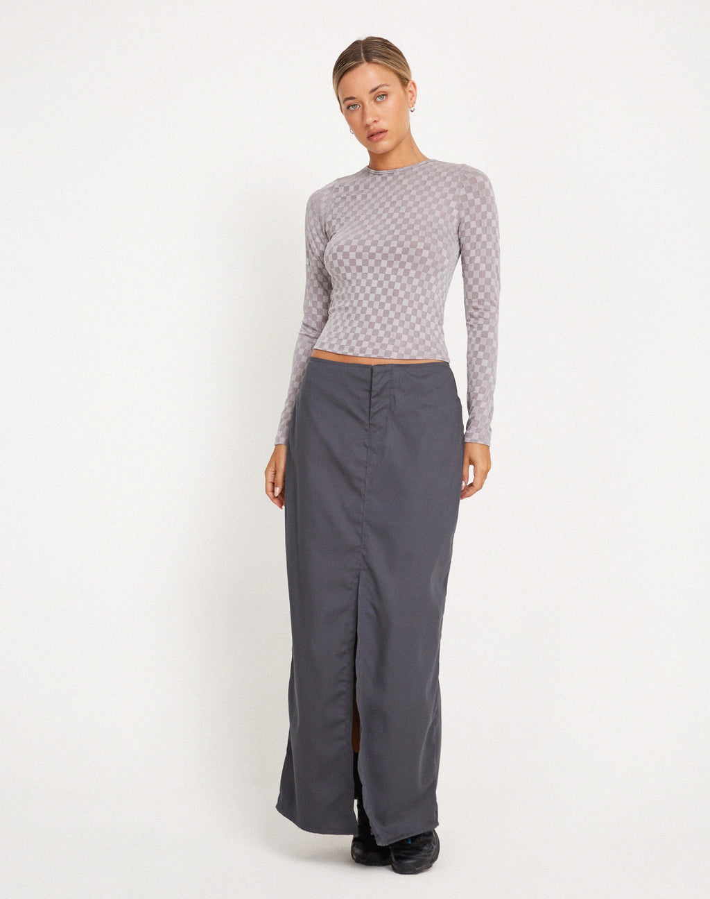 Crop Top Natari a maniche lunghe in grigio check