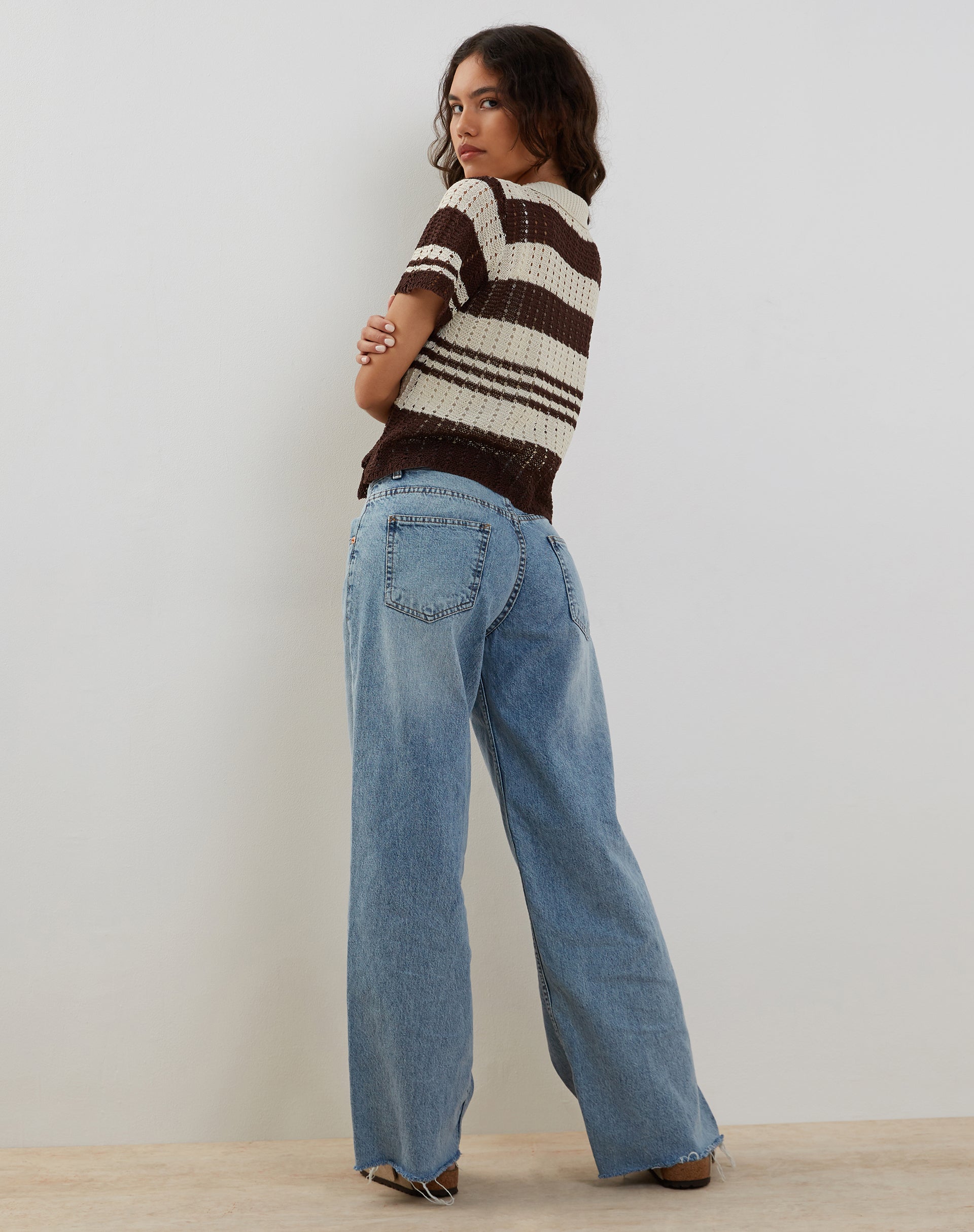Immagine di Siwi Pointelle Knitted Polo Top in Stripe Neutral