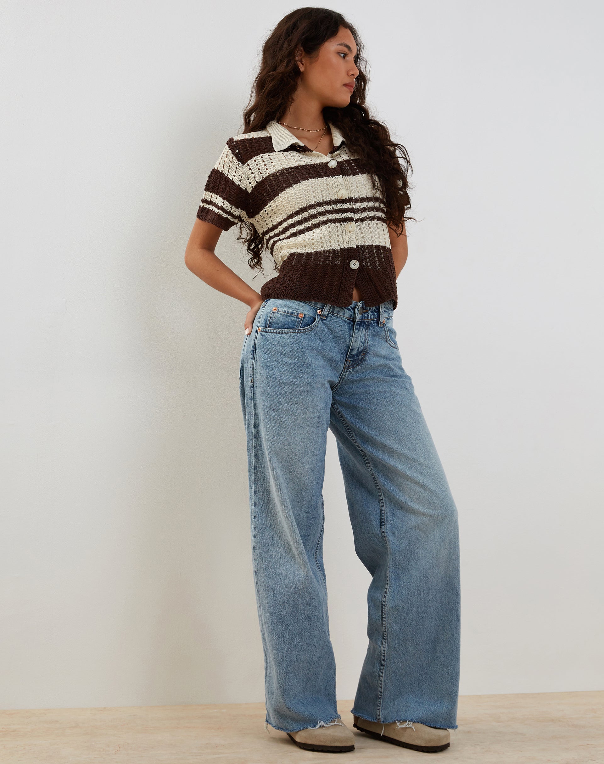 Immagine di Siwi Pointelle Knitted Polo Top in Stripe Neutral