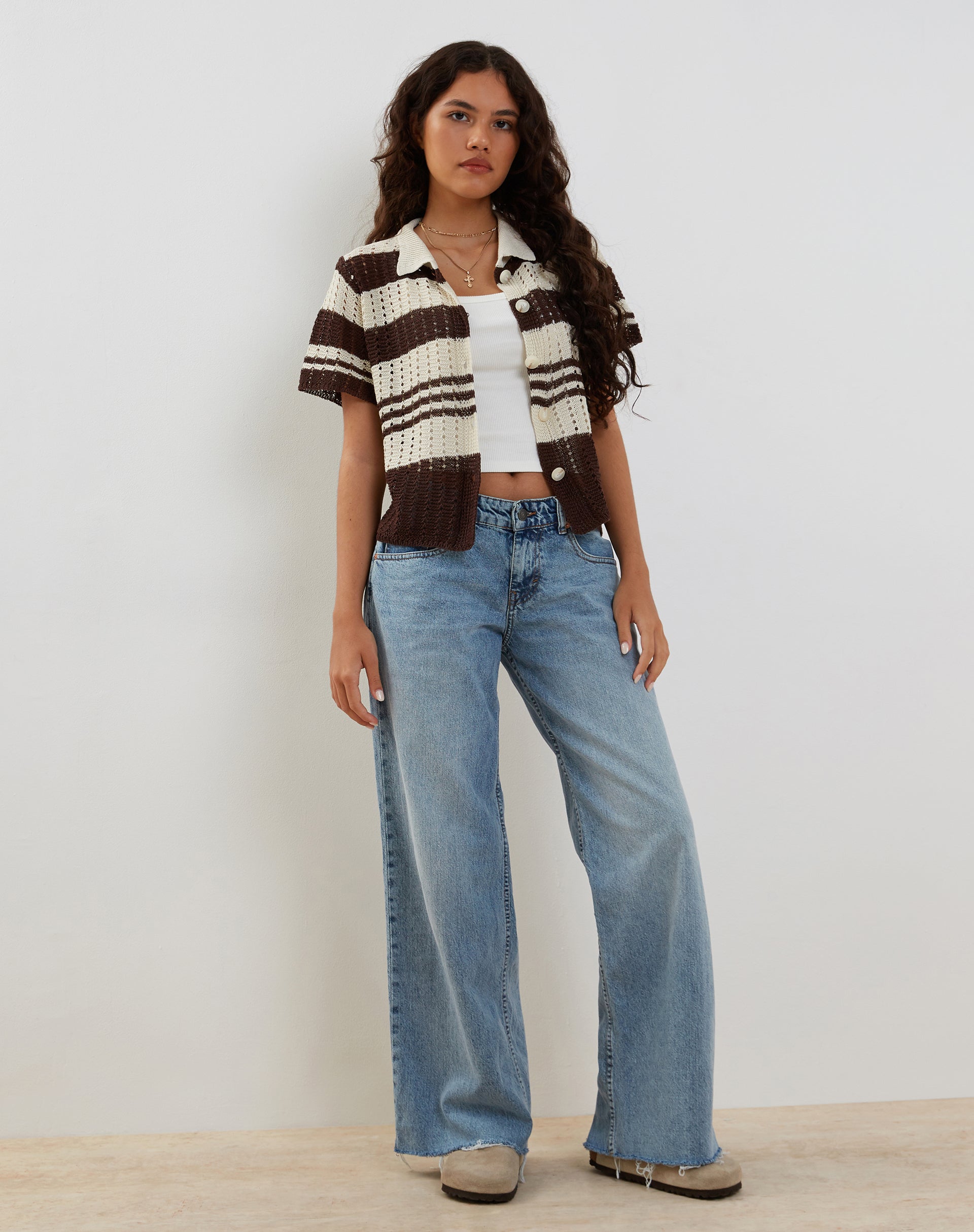 Immagine di Siwi Pointelle Knitted Polo Top in Stripe Neutral