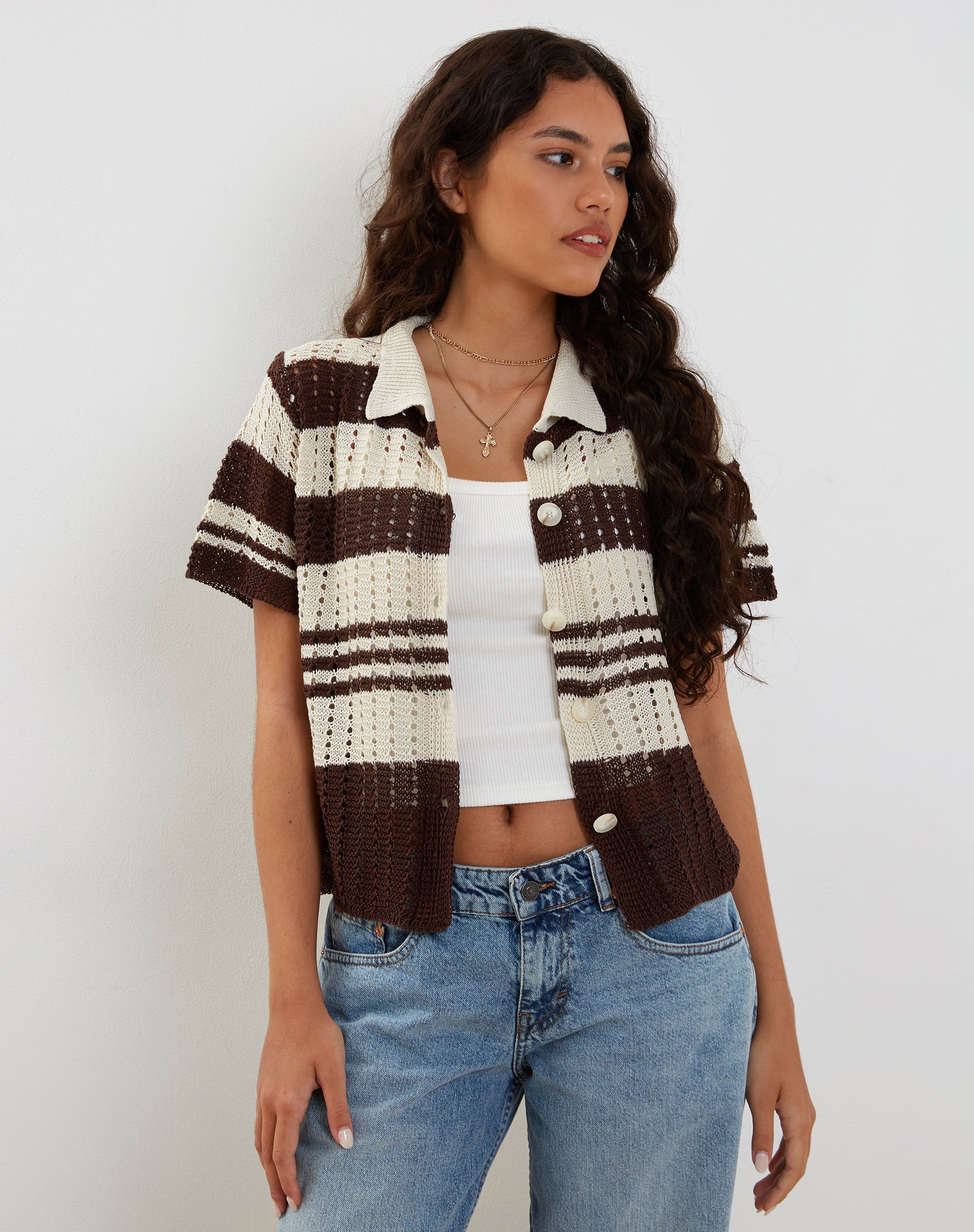 Immagine di Siwi Pointelle Knitted Polo Top in Stripe Neutral