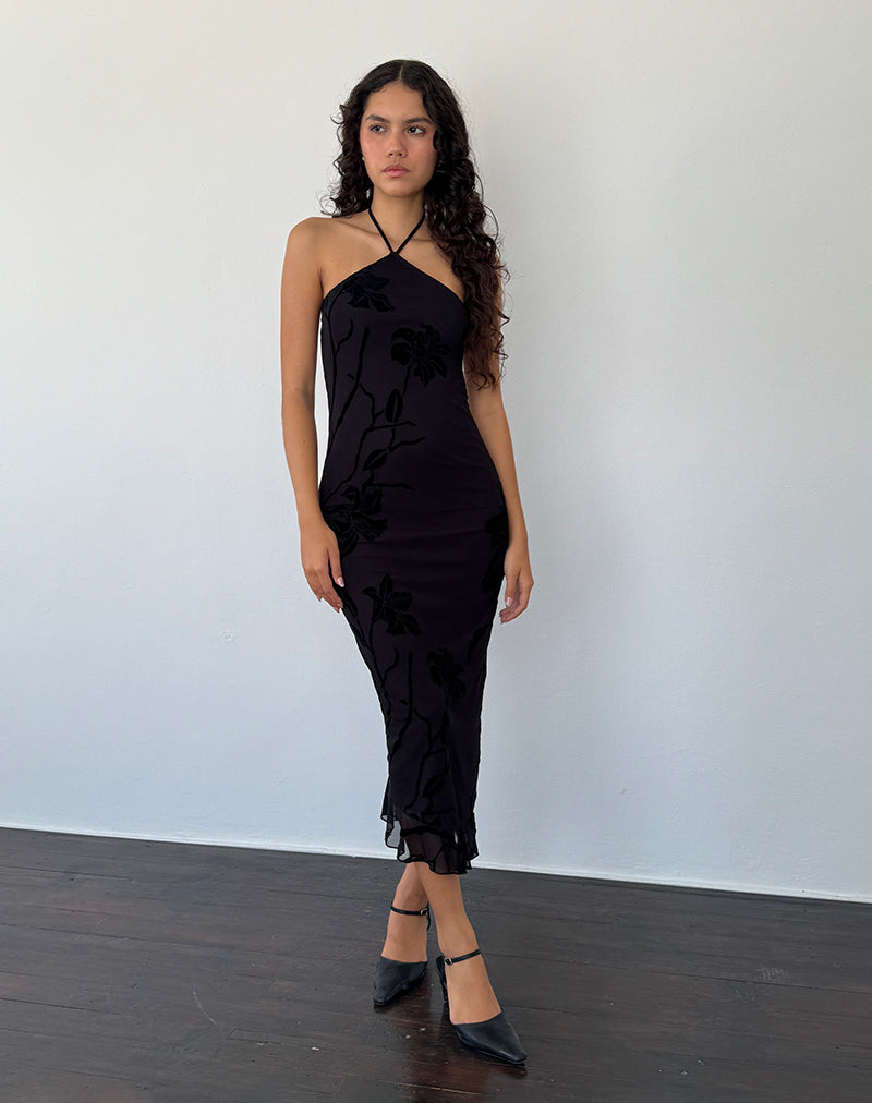 Immagine di Ribka Halterneck Midi Dress in Orchids Flock Nero