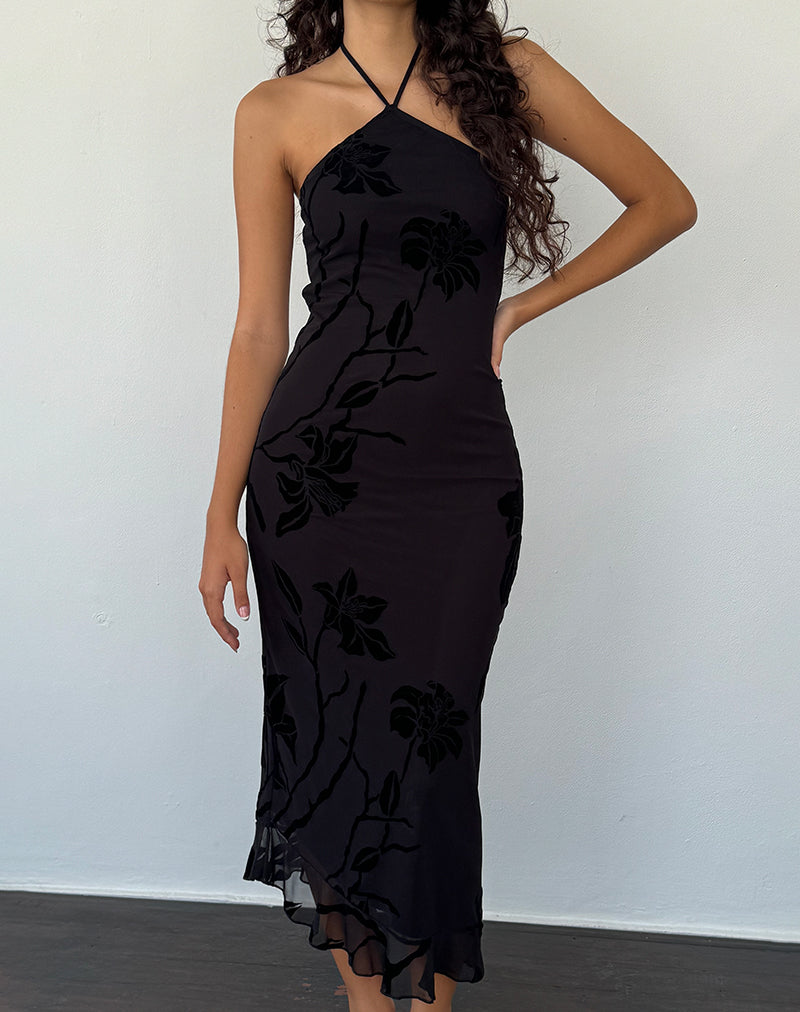 Ribka - Vestito midi con collo alto in Orchidee Flock Nero