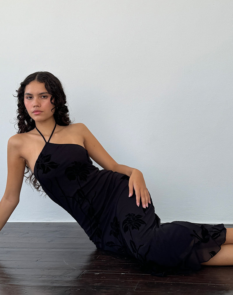 Ribka - Vestito midi con collo alto in Orchidee Flock Nero