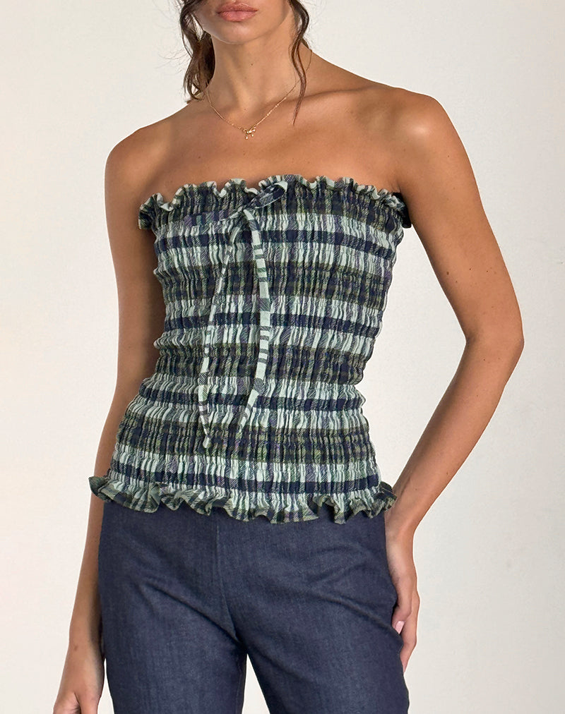 Top a fascia Rigia in lino mono check verde