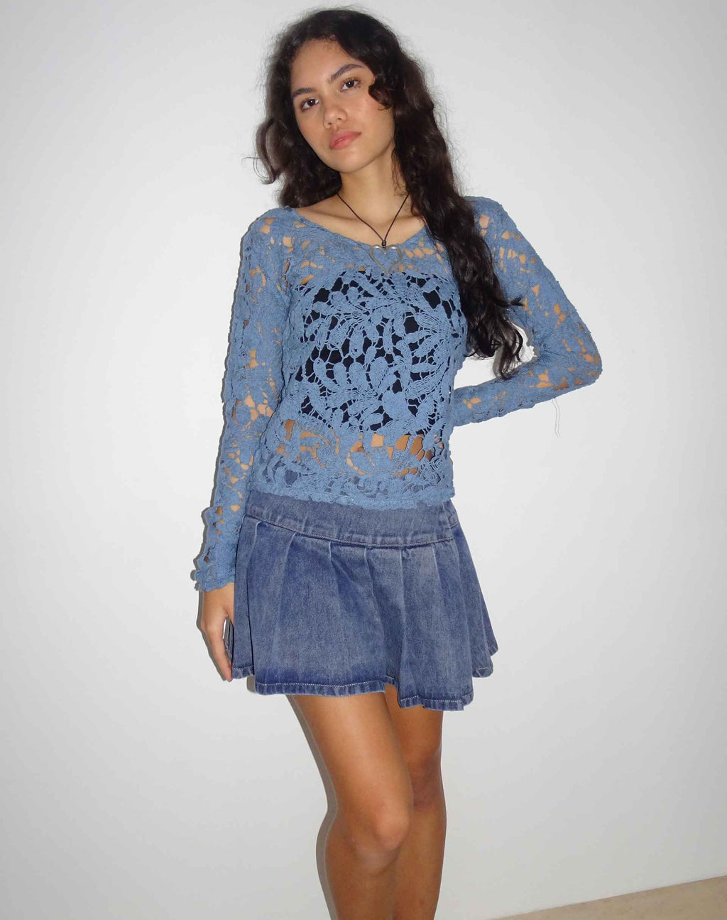 Ripu - Top a maniche lunghe con motivo floreale all'uncinetto - Blu notte