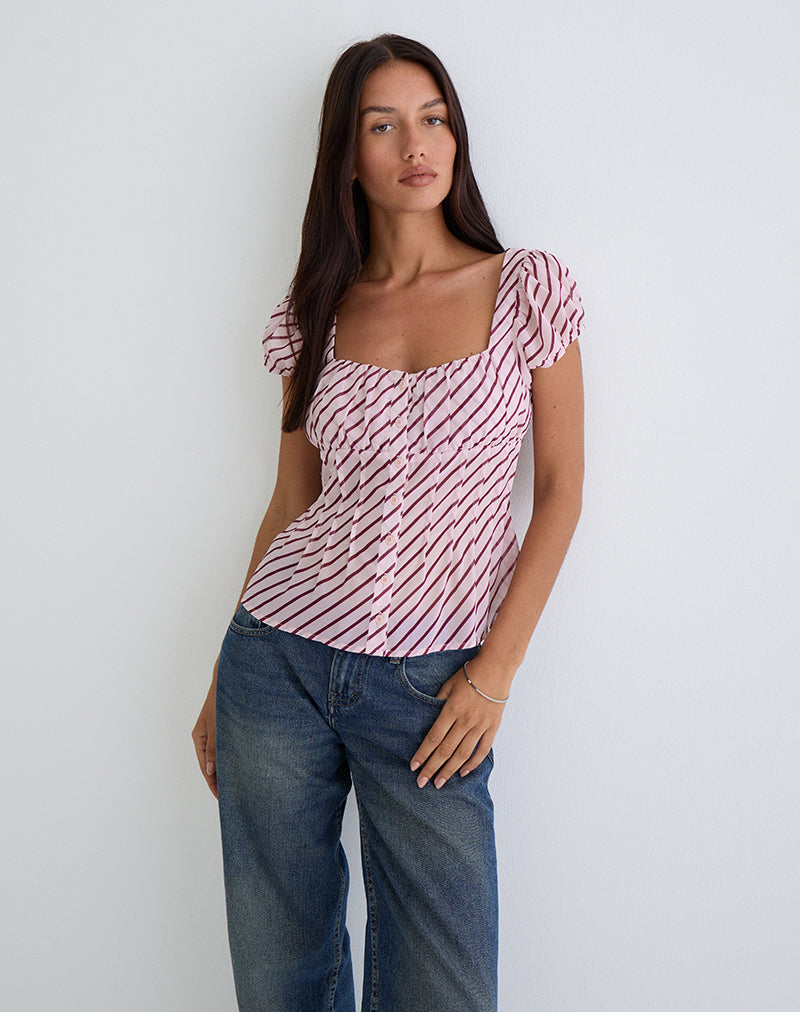 Immagine della blusa Rolina in chiffon a righe rosa e bordeaux