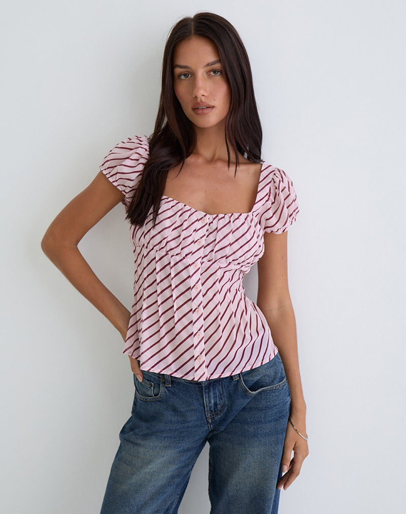 Immagine della blusa Rolina in chiffon a righe rosa e bordeaux