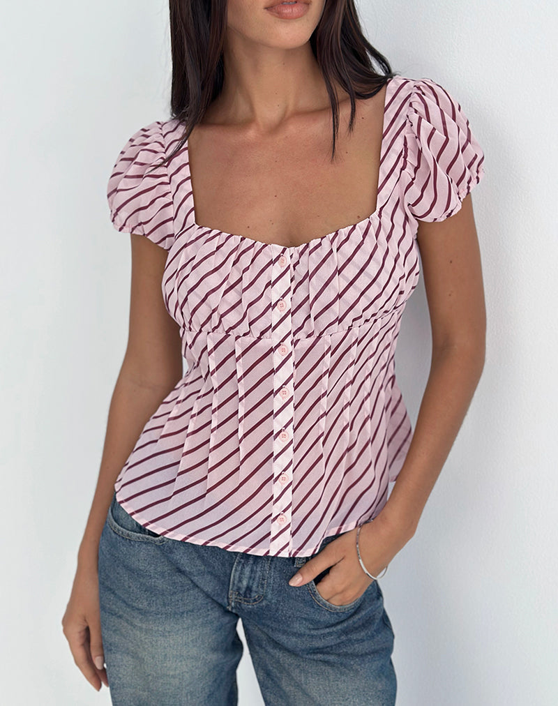 Immagine della blusa Rolina in chiffon a righe rosa e bordeaux