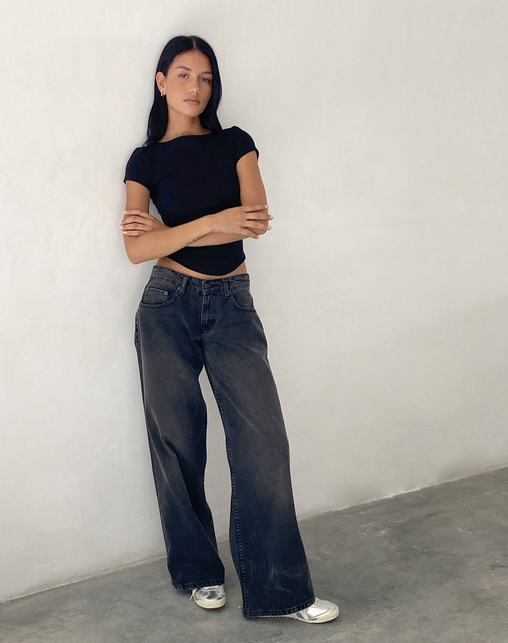 Jeans Roomy extra larghi a vita bassa in nero grigio lavato