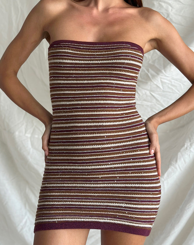 Rosbina, mini abito a fascia in maglia a righe scintillanti color ruggine
