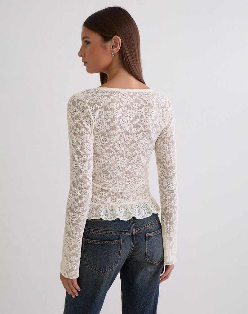 Image of Roselle Keyhole Long Sleeve Top in Lace Ivory