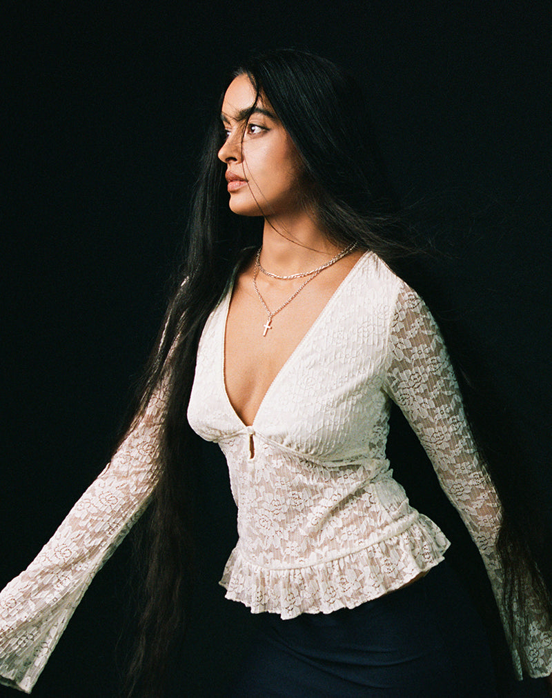 Image of Roselle Keyhole Long Sleeve Top in Lace Ivory