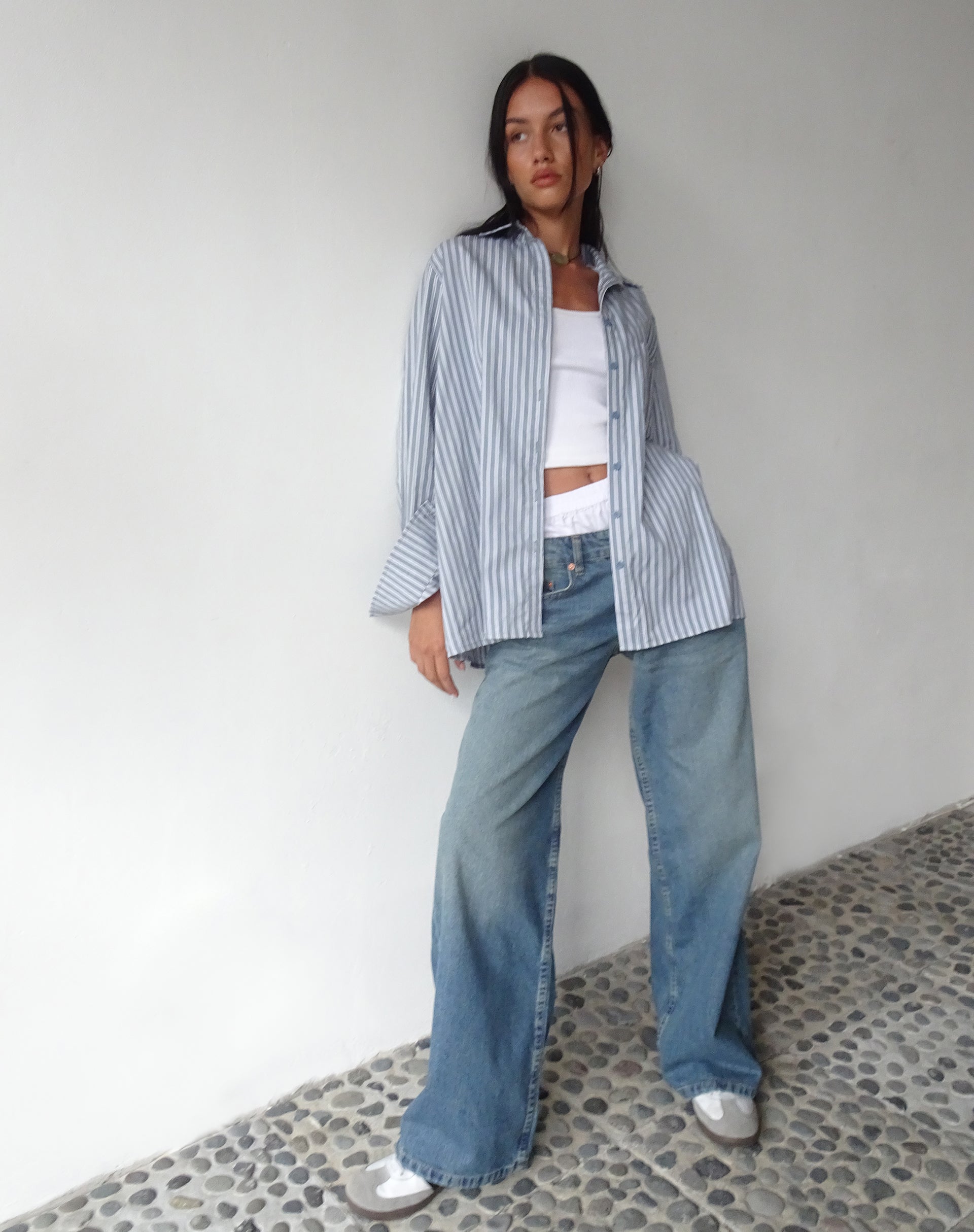 Immagine di MOTEL X JACQUIE Turner Shirt a righe grigie e bianche con ricamo M