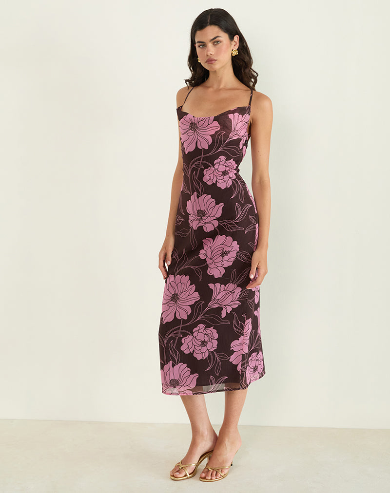 Immagine di Rujira Cowl Midi Dress in flare floreale rosa marrone