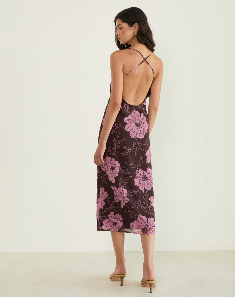 Rujira - Vestito midi svasato e floreale rosa marrone