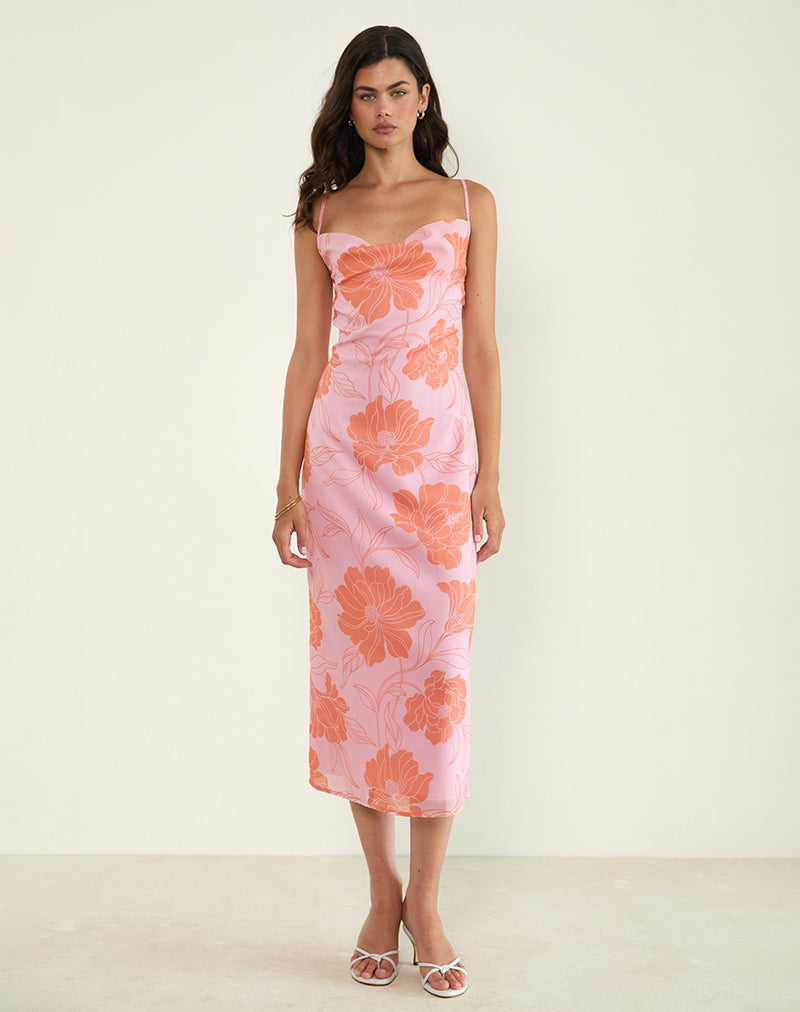 Immagine di Rujira Cowl Midi Dress in Floral Pink Orange
