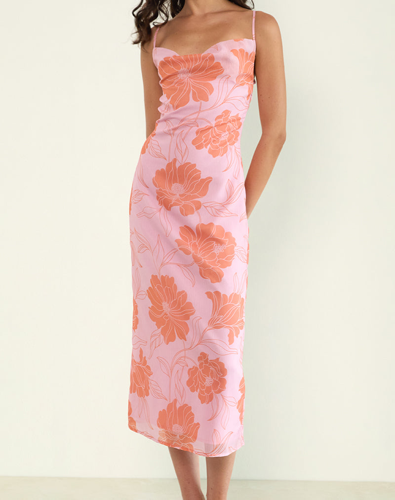 Immagine di Rujira Cowl Midi Dress in Floral Pink Orange