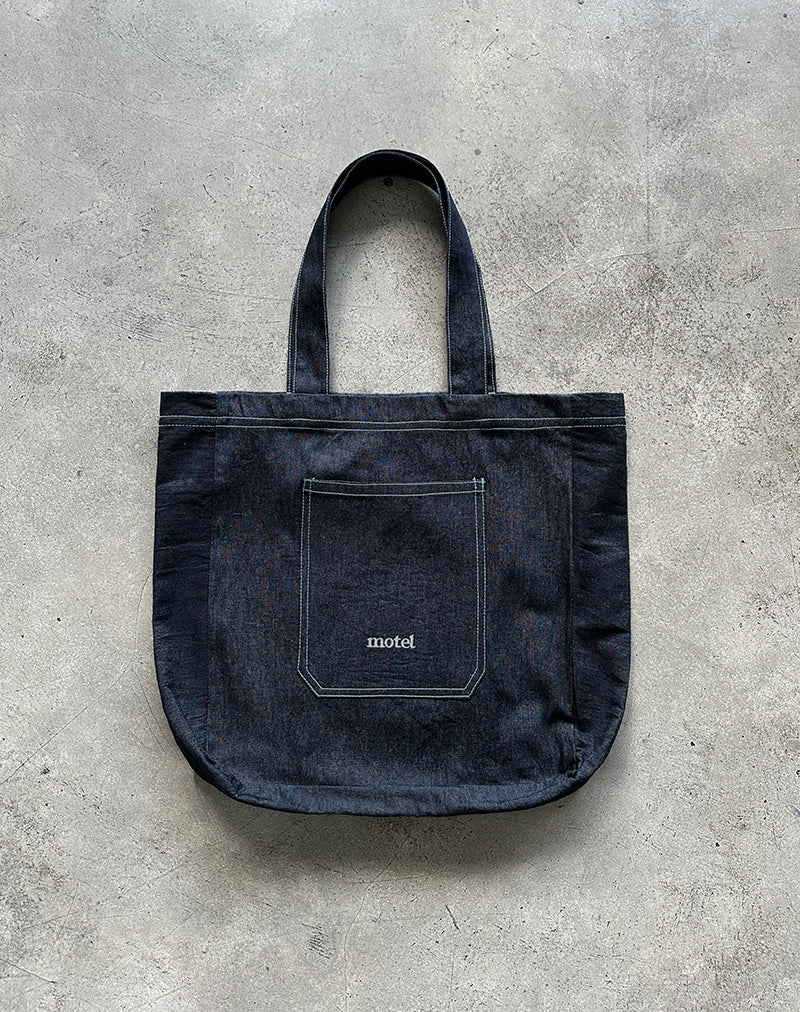Immagine di Ruka Tote Bag in Denim Indigo con ricamo bianco Motel