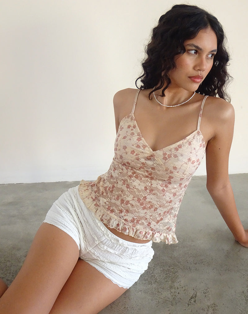 Top cami Rumaysa in pizzo rosa petalo chic